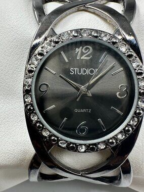 3/$30 Studio Time Watch Women Black Crystal Bezel Clamper Cuff Band 6.75"